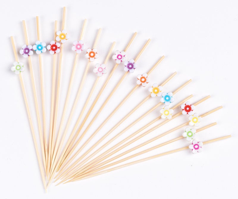 PuTwo Cocktail Picks Handmade Bamboo Toothpicks 100pcs 4.7â€ in Multicolor Flower - Image 1